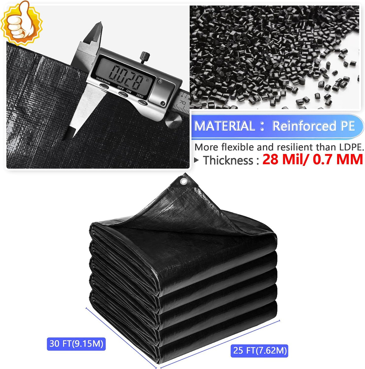Reinforced PE Pond Liner 25 x 30 FT, 28 Mil Sun Resistant Preformed Pond Liner, Hemmed Edge with Buttonholes Liner