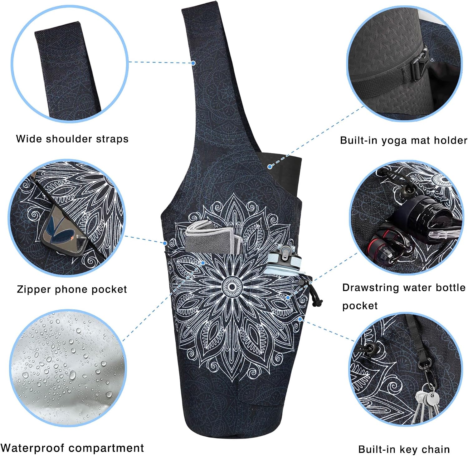 Yoga Mat Bag - Large Opening Long Tote Yoga Mat Carrier Holder Bag with Waterproof Wet Zipper Pocket and Drawstring