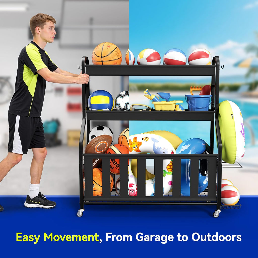 Sports Equipment Organizer, Large Capacity Garage Ball Storage Rack | Heavy-Duty Rolling Ball Cart with Locking