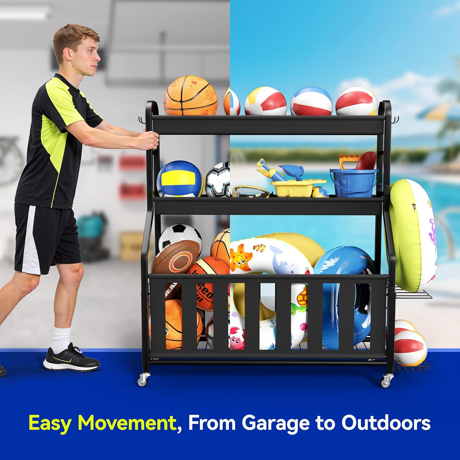 Sports Equipment Organizer, Large Capacity Garage Ball Storage Rack | Heavy-Duty Rolling Ball Cart with Locking