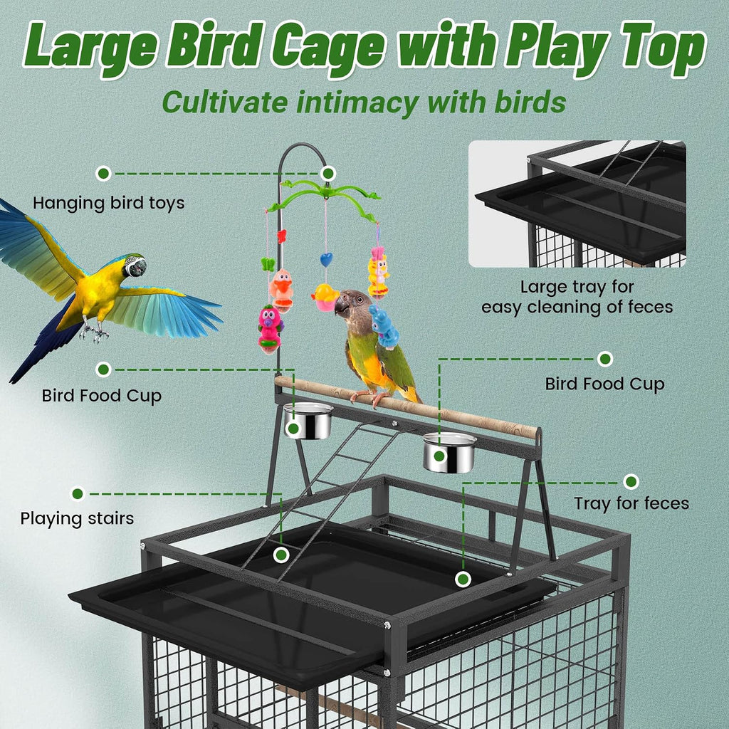 82 Inch Bird Cage, BOINN Bird Flight Cages with Rolling Stand & Bottom Tray, Wrought Iron Parrot Cage with PlayTop