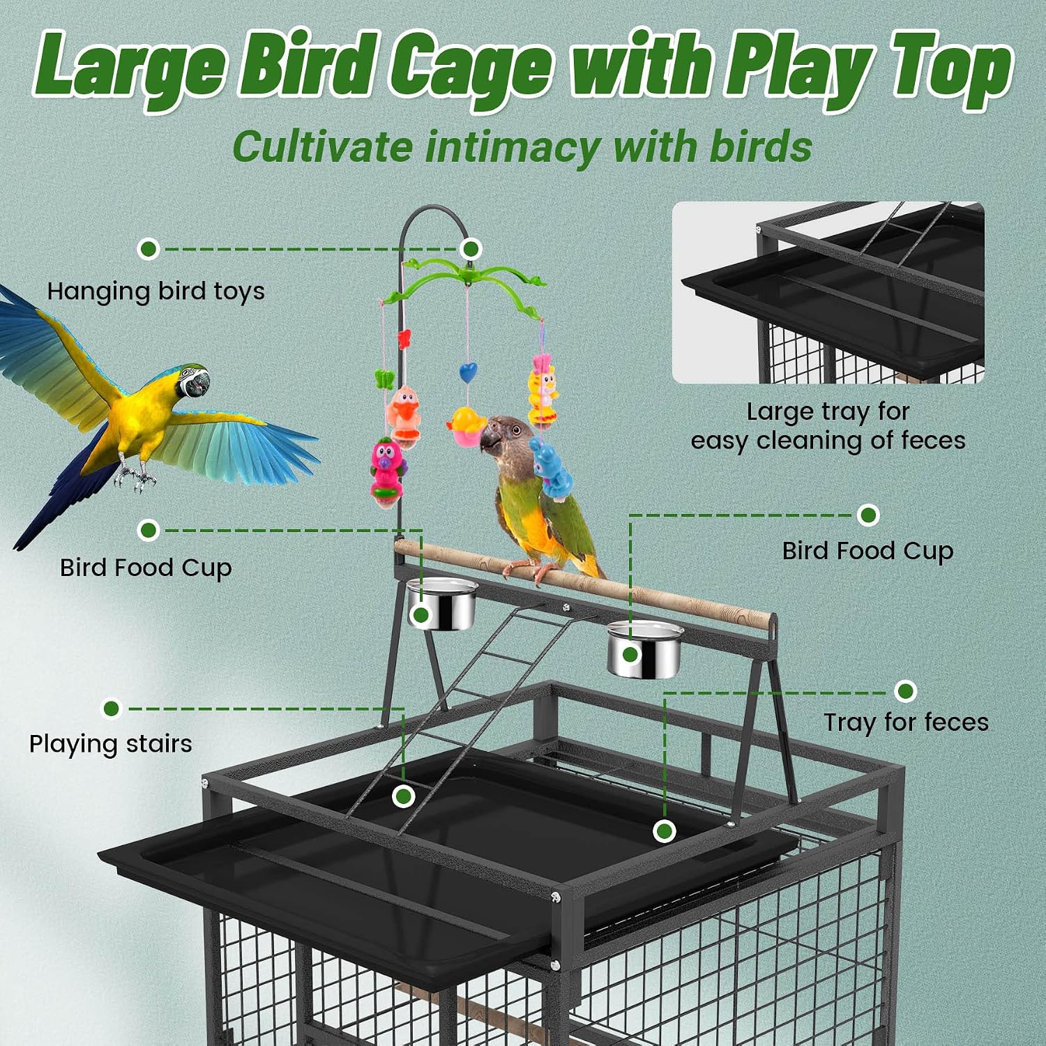 82 Inch Bird Cage, BOINN Bird Flight Cages with Rolling Stand & Bottom Tray, Wrought Iron Parrot Cage with PlayTop
