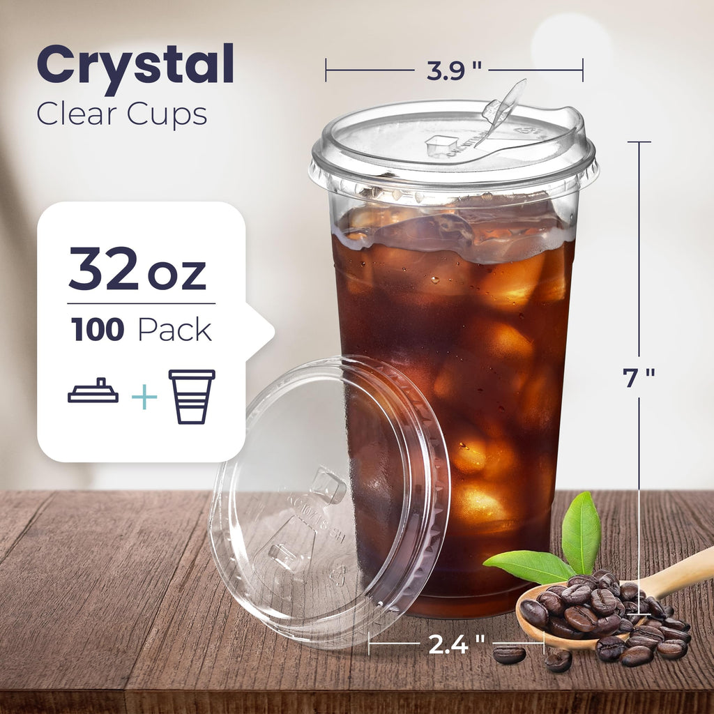 100 Pack 32 oz Clear Plastic Cups with Strawless Sip Lids, Disposable Plastic Coffee Cups with Lids, To Go Cups for