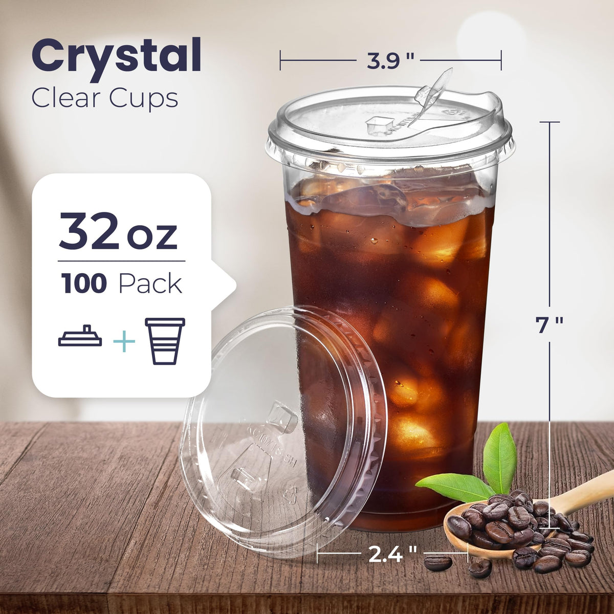 100 Pack 32 oz Clear Plastic Cups with Strawless Sip Lids, Disposable Plastic Coffee Cups with Lids, To Go Cups for