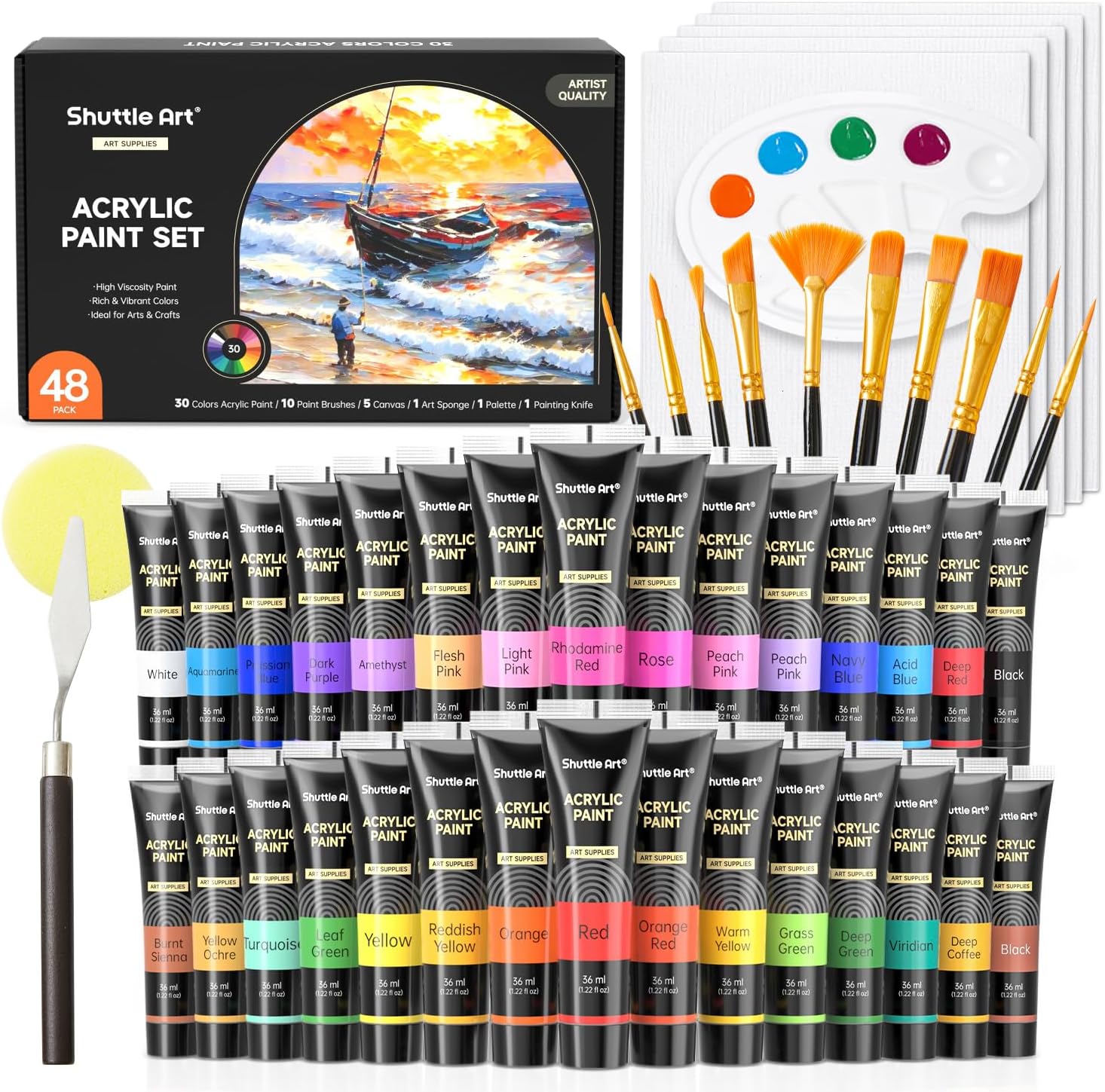 48 Pack Acrylic Paint Set, 30 Colors Acrylic Paint (36ml) with 10 Brushes 5 Canvas 1 Paint Knife 1 Palette 1 Art