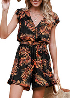Women's Tropical Print Romper V-Neck Flutter Sleeve Casual Summer