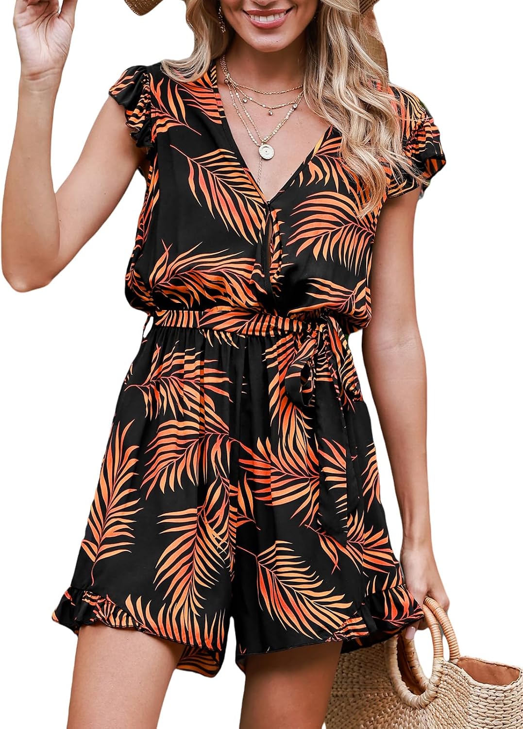 Women's Tropical Print Romper V-Neck Flutter Sleeve Casual Summer
