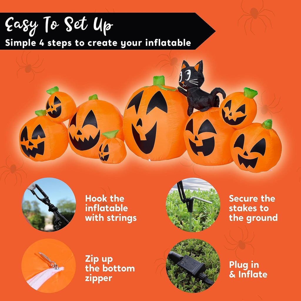 10 FT Long Halloween Inflatables Outdoor Decorations, Blow Ups Inflatable Pumpkin for Yard with Witch's Cat, 8 Pcs