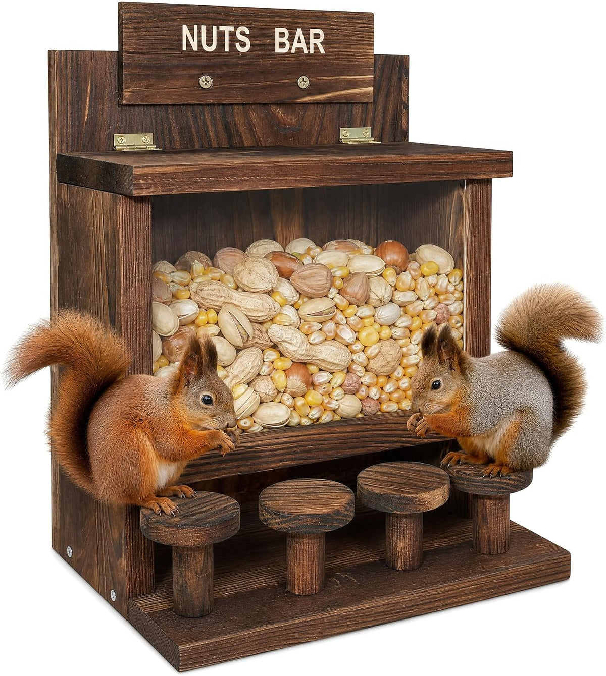 Wooden Squirrel Feeder, Squirrel Bar Feeder with 4 Stools, Large Capacity Outdoor Squirrel Feeder, Weatherproof