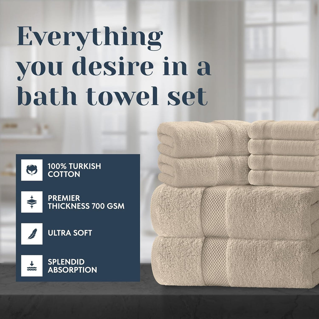 Luxury Bath Towel Set of 8 Pieces - 100% Turkish Cotton Highly Absorbent Towels for Bathroom, 2 Luxury Bath Towels