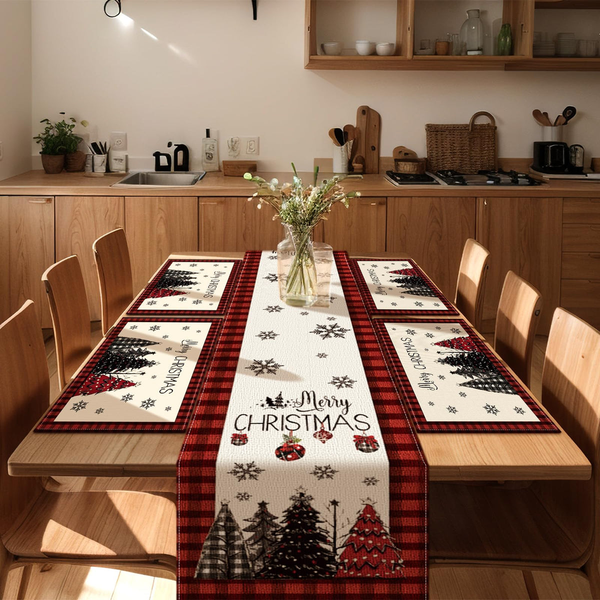 7 Pcs Christmas Table Runner and Placemats Set, Serve 6