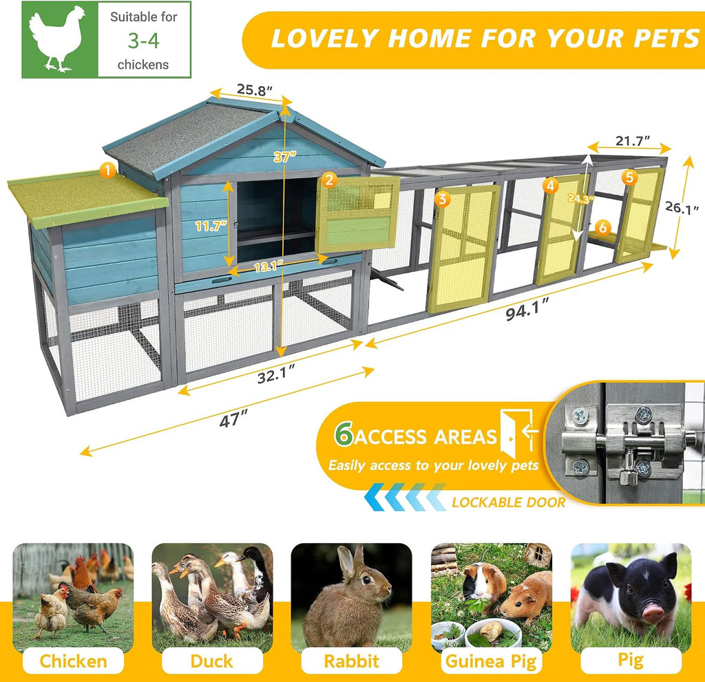 Large Wooden Chicken Coop with Run Blue Gray 141.1 in