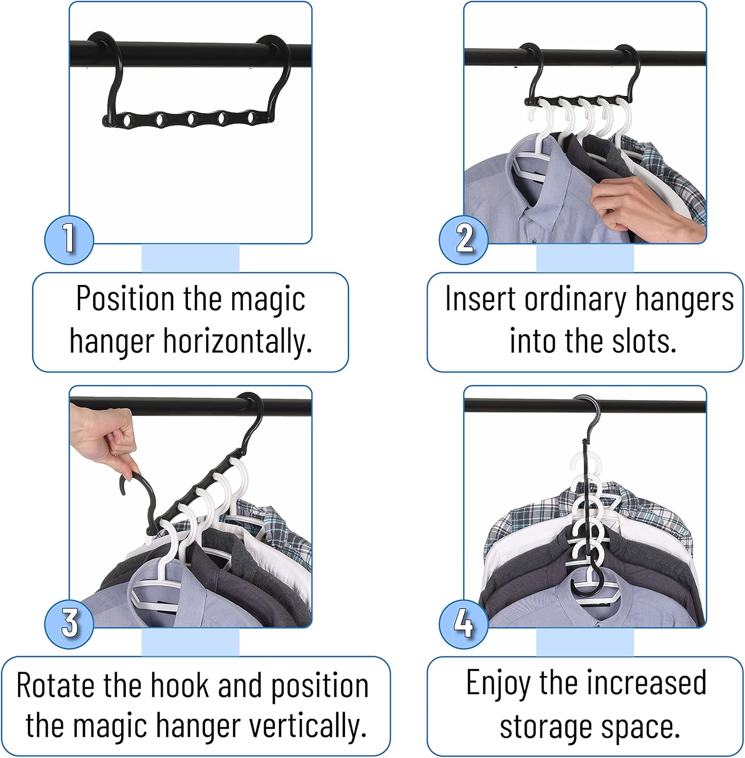 Space Saving Hangers, 8 pcs, 360° Rotating Hooks, Magic Cascading Hanger Organizer with 5 Enclosed Slots, Closet
