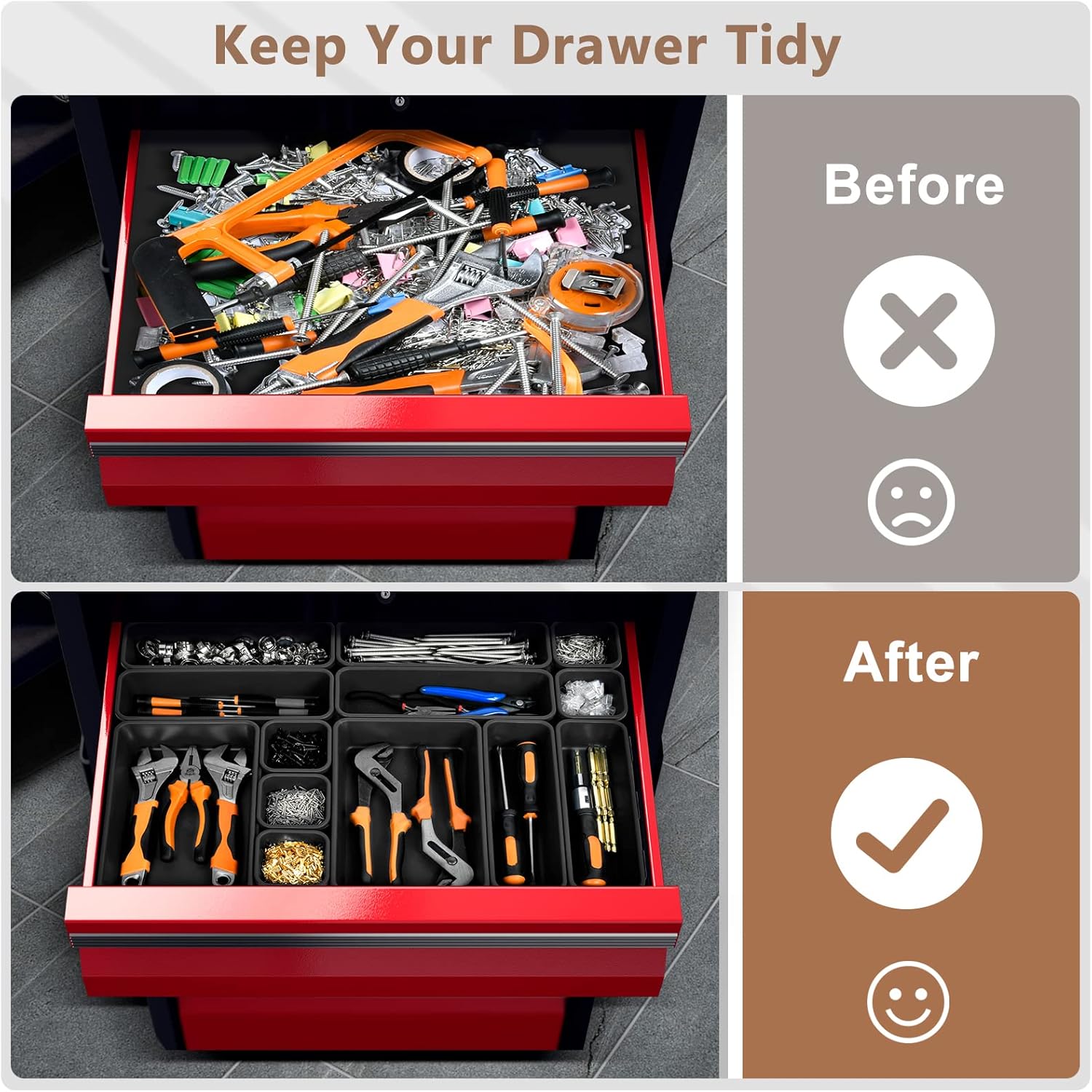 【𝟰𝟲𝗣𝗖𝗦 & 5 Size】 Tool Box Organizer Tray Divider Set, 【Black】 Bathroom Drawer Organizer Bin, Garage Organization and