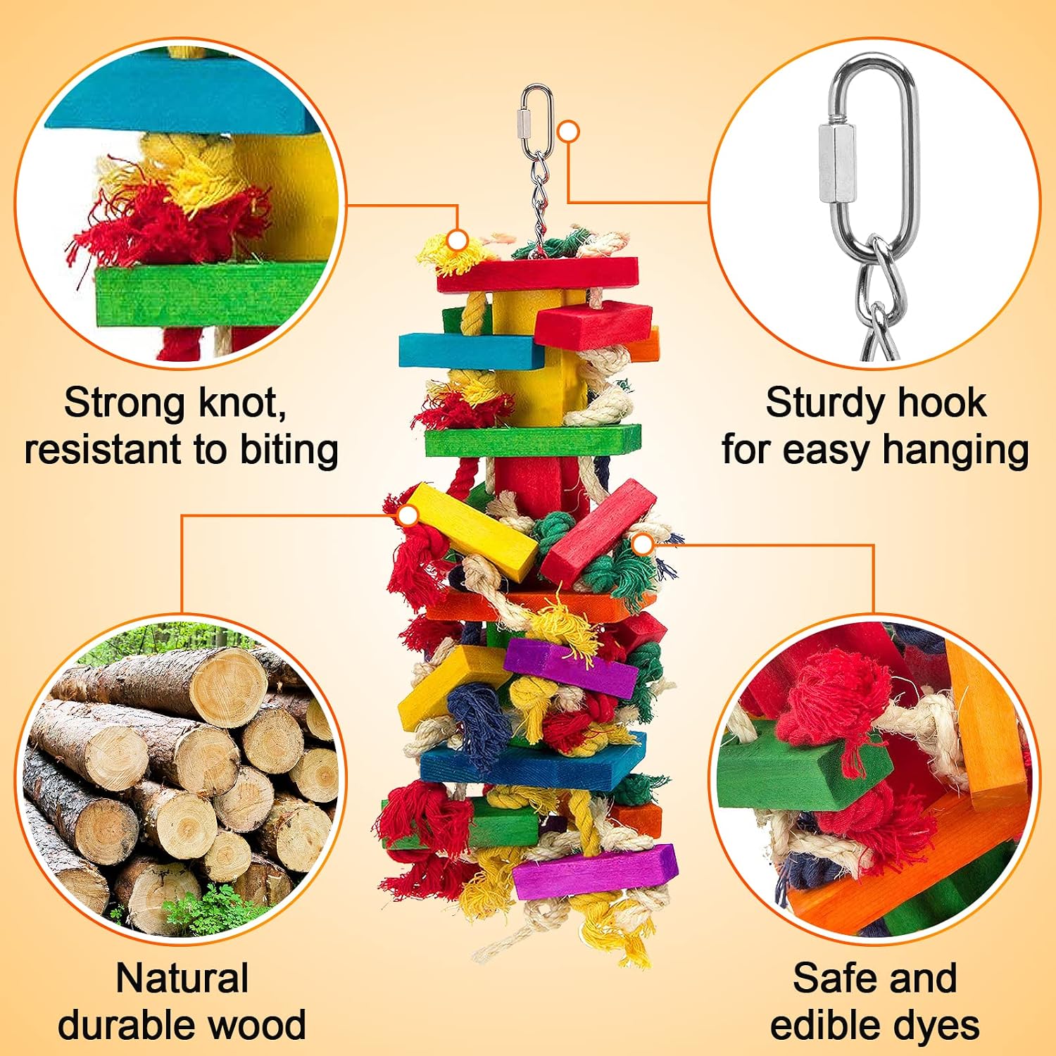 Extra Large Natural Wood Bird Toys for Macaws, African Grey, Amazon Parrots | MEWTOGO, Fun to Climb on, to Swing on