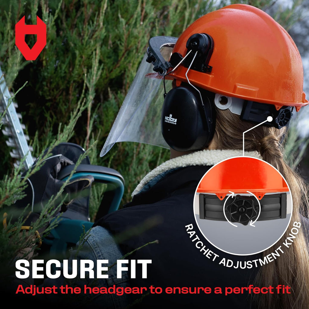 6-in-1 Industrial Chainsaw Helmet with Face Shield and Ear Muffs — Mesh & Clear Plastic Visors Included — ANSI Z89.1