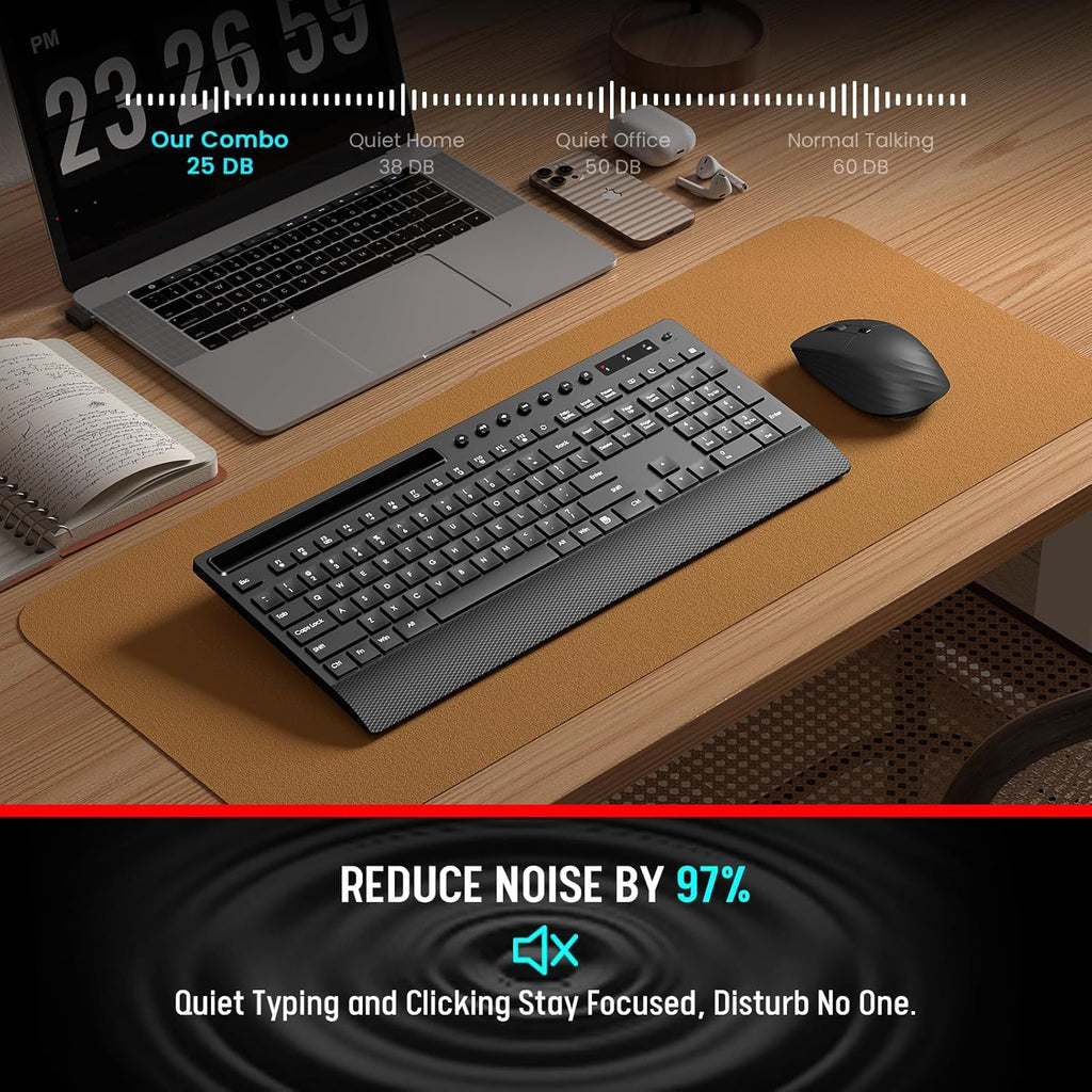 Wireless Keyboard and Mouse Combo, Full Size with Palm Rest | Quiet Typing, Phone Holder, Multimedia Keys, Power