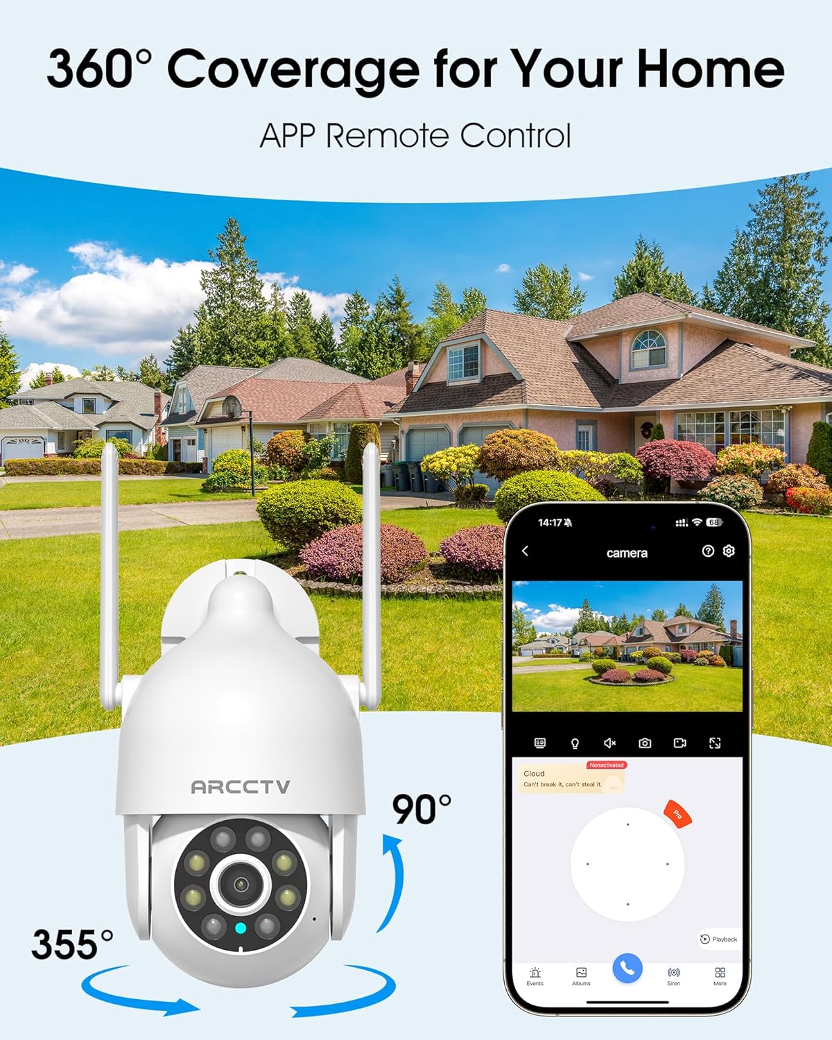 2K Security Cameras Outdoor, 360°Pan-Tilt View 2.4G/5G WiFi Security Camera with Motion Tracking, Spotlight & Siren