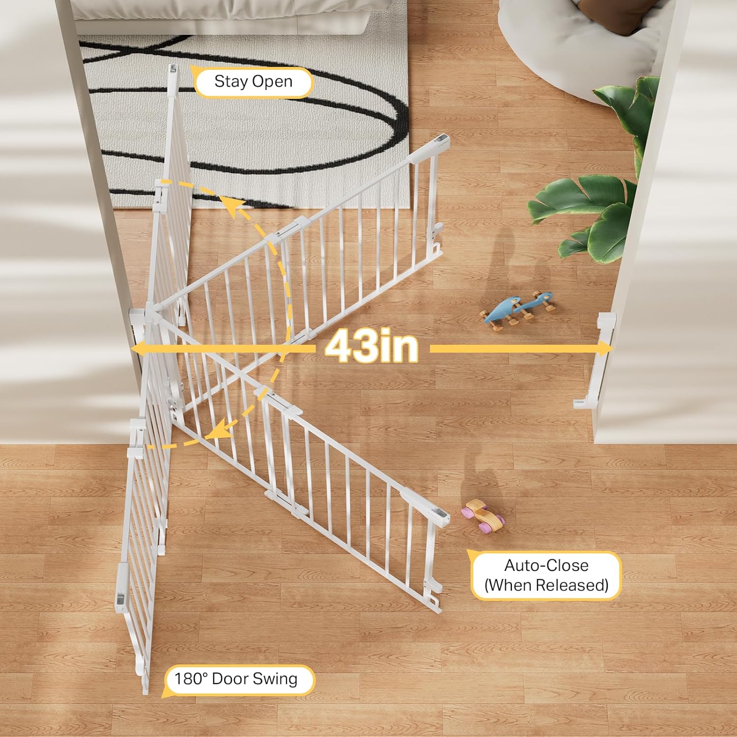 29.2–43" Baby Gate for Stairs, Hardware Mounted (Drill Required), Expandable No Bottom Bar Dog Gate, Auto Close Extra