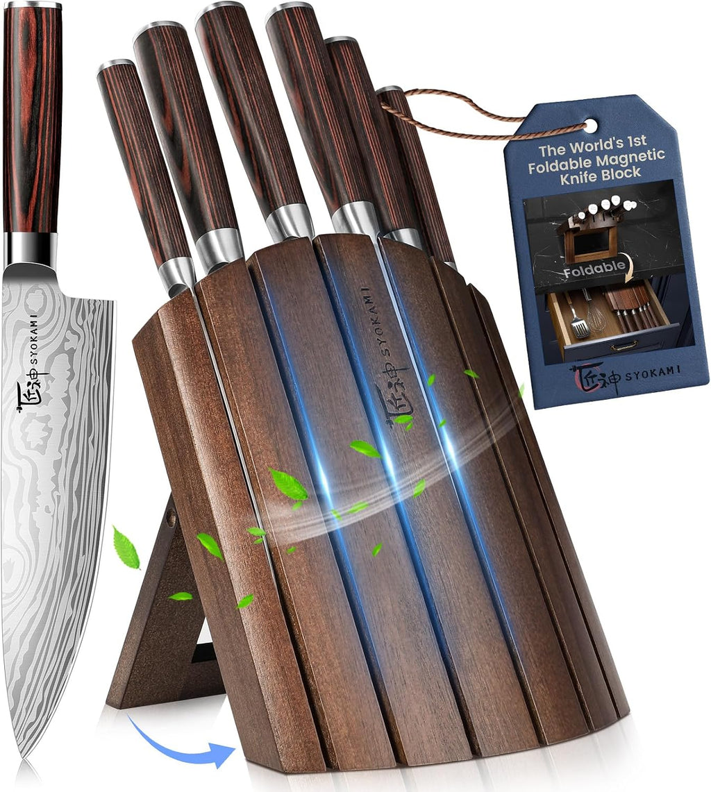 2026 Upgrade Kitchen Knife Set, Foldable Magnetic Acacia Wood Block
