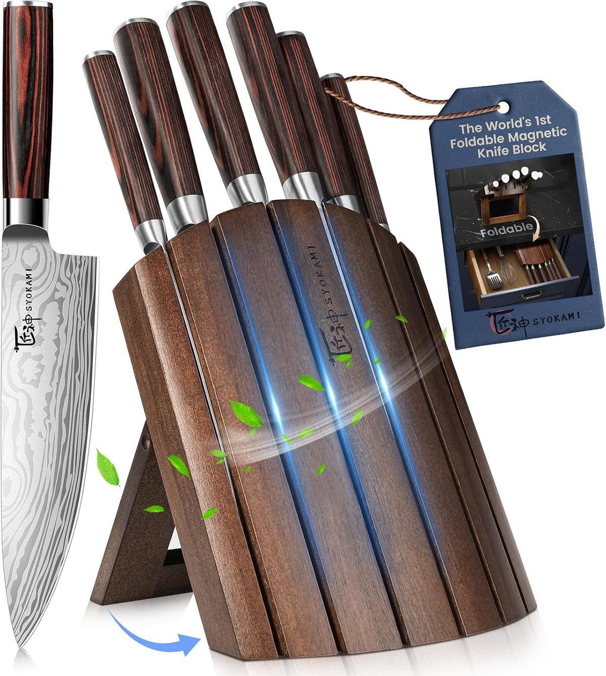 2026 Upgrade Kitchen Knife Set, Foldable Magnetic Acacia Wood Block