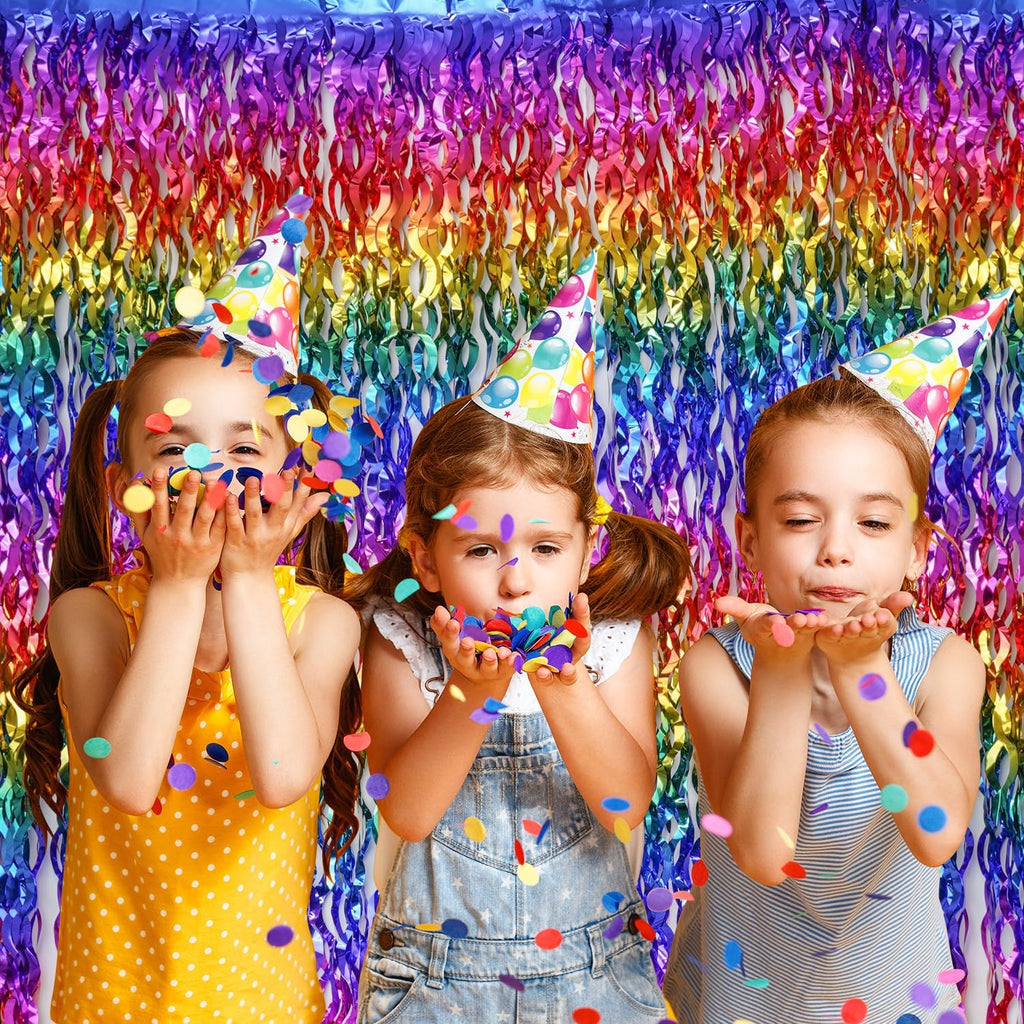 Shiny Rainbow Foil Fringe Curtain Wavy Rainbow Tinsel Streamer Backdrop for Party Decorations Birthday Wedding