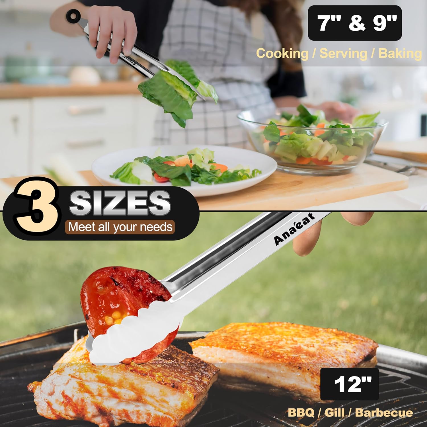 Premium Kitchen Locking Tong Set of 3 - Heavy Duty Stainless Steel Food Tongs with Long Handle & Non-Slip Silicone