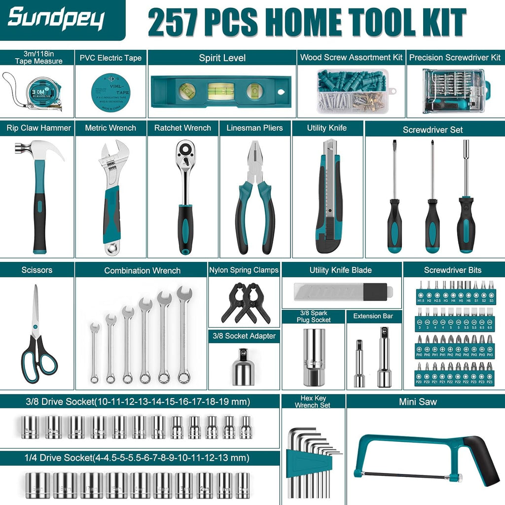 Home Tool Kit 257-PCs - Household Basic Repair Tool Set for Men Women - General Hand Mechanic's Tool Set &