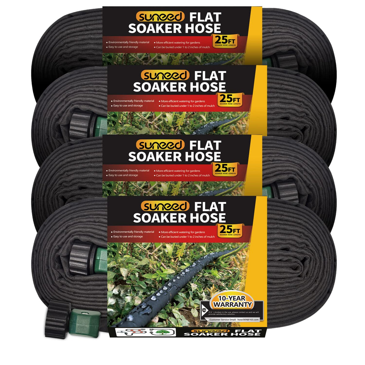 4-Pack Flat Soaker Hose 25FT for Garden Beds Linkable