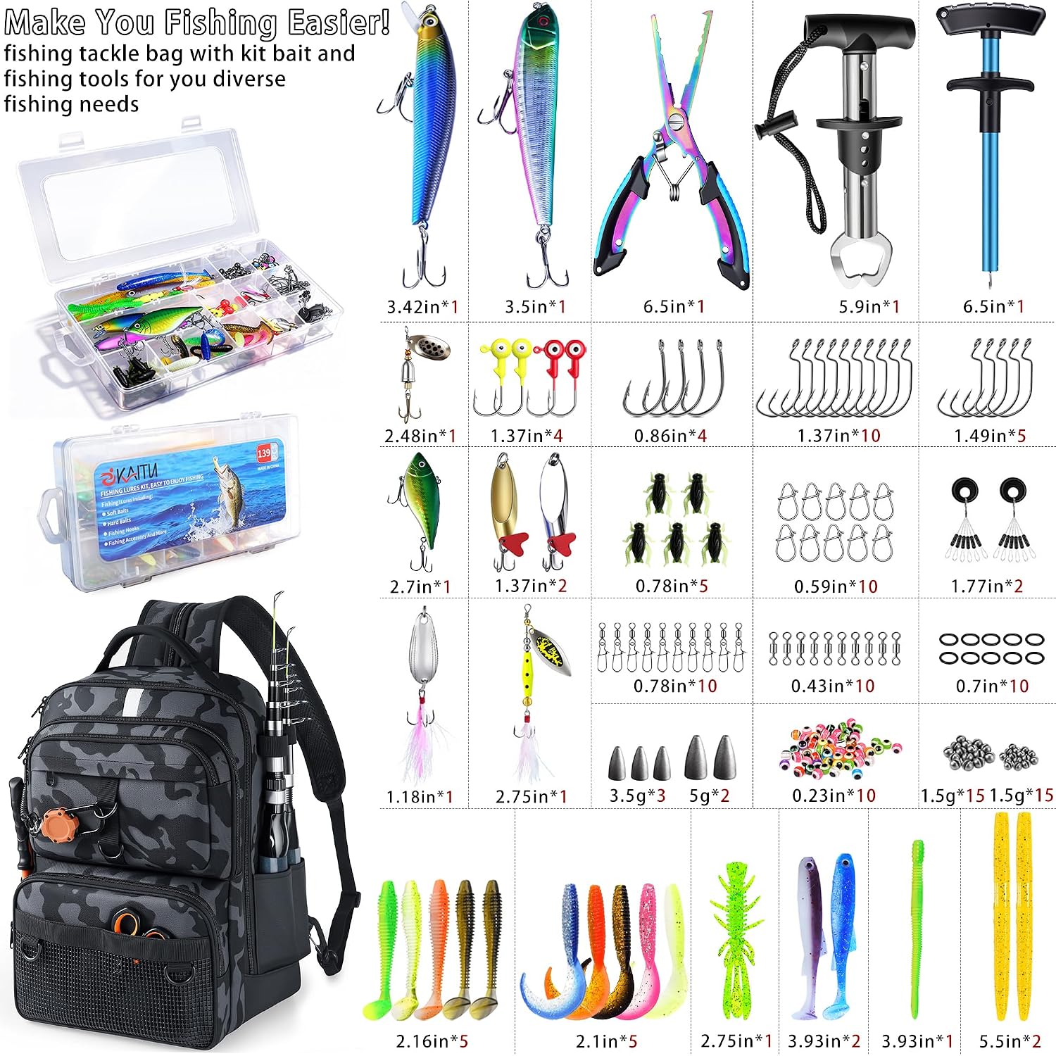 Fishing Backpack with Tackle Boxes and Rod Holder, 24L Fishing Sling Bag with Fishing Lures Kit, Fishing Gear Bag