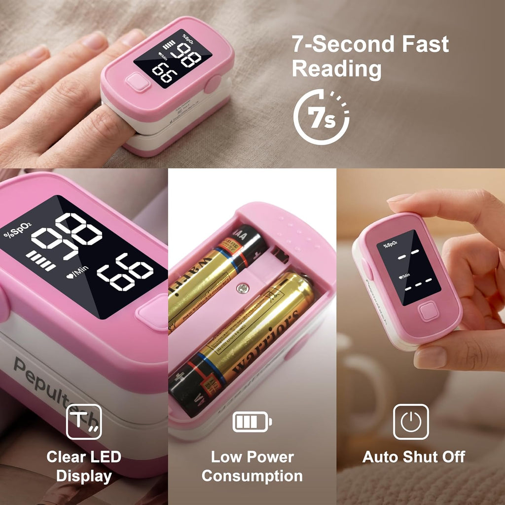 Pink Fingertip Pulse Oximeter,Blood Oxygen Saturation Monitor for Kids Adults, High Accuracy O2 Meter for All