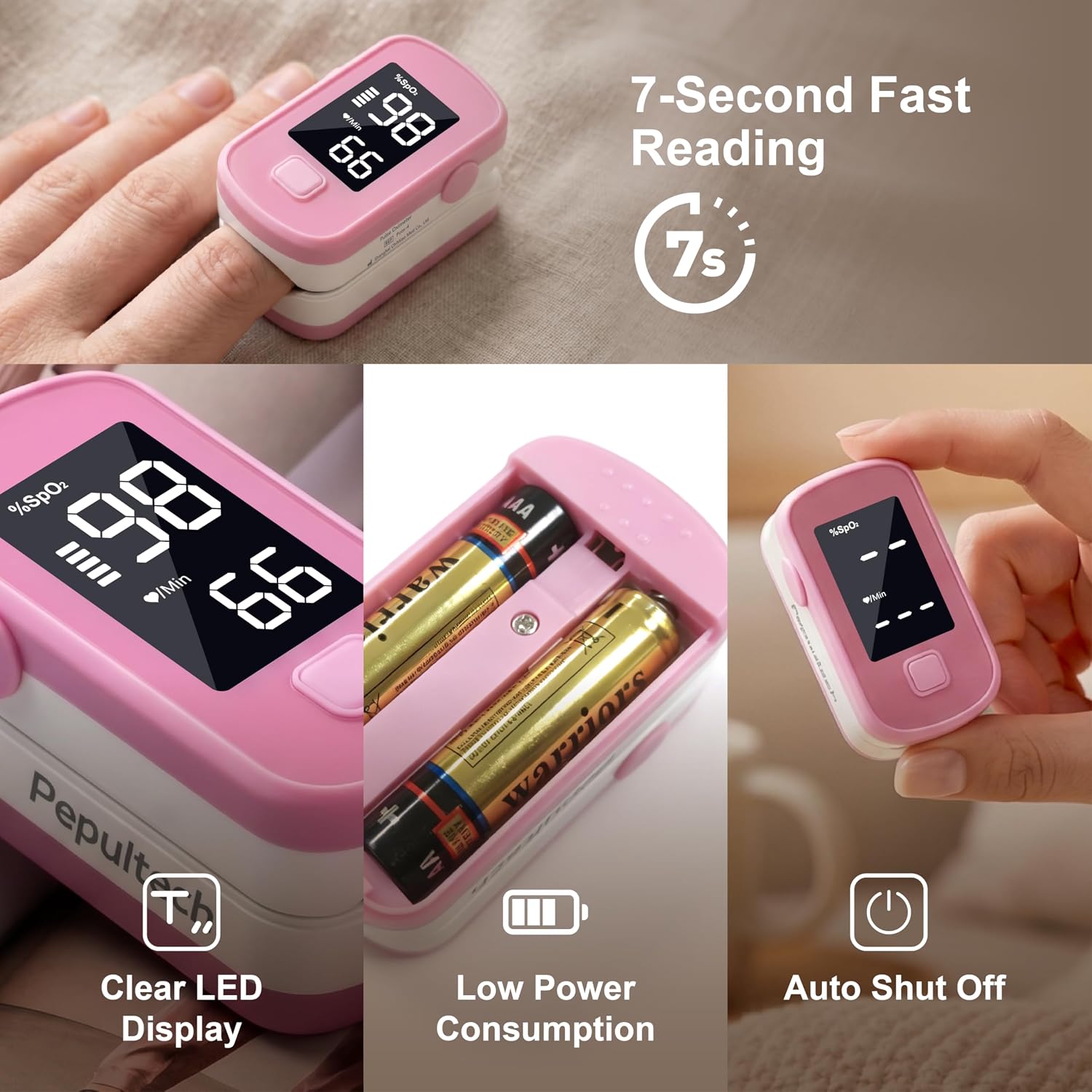 Pink Fingertip Pulse Oximeter,Blood Oxygen Saturation Monitor for Kids Adults, High Accuracy O2 Meter for All