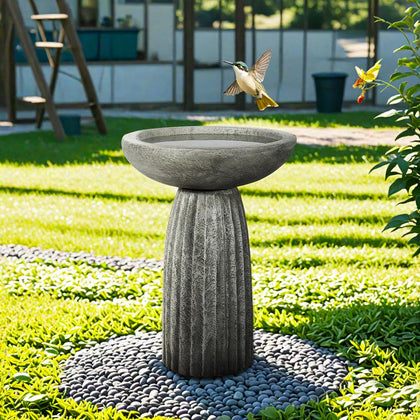 Modern Bird Bath, 24.4inches Height Fibre-Reinforced Concrete Birdbath with Textured Pedestal for Outdoor Garden