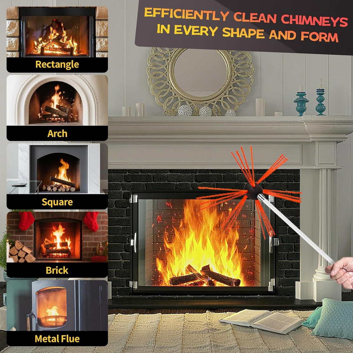 26 Feet Chimney Sweep Kit, Chimney Cleaning Kit with 8 Flexible White Chimney Rods, Chimney Brush, Rotary Chimney