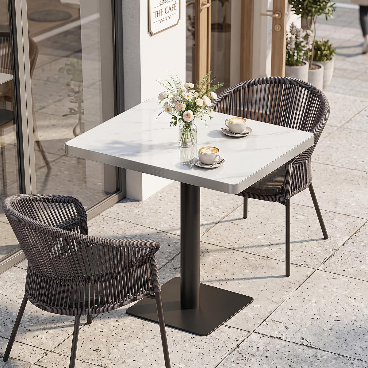 Sintered Stone Square Dining Table for 4, 30 Inch White Marble Kitchen Table, Waterproof Heat Resistant with Black