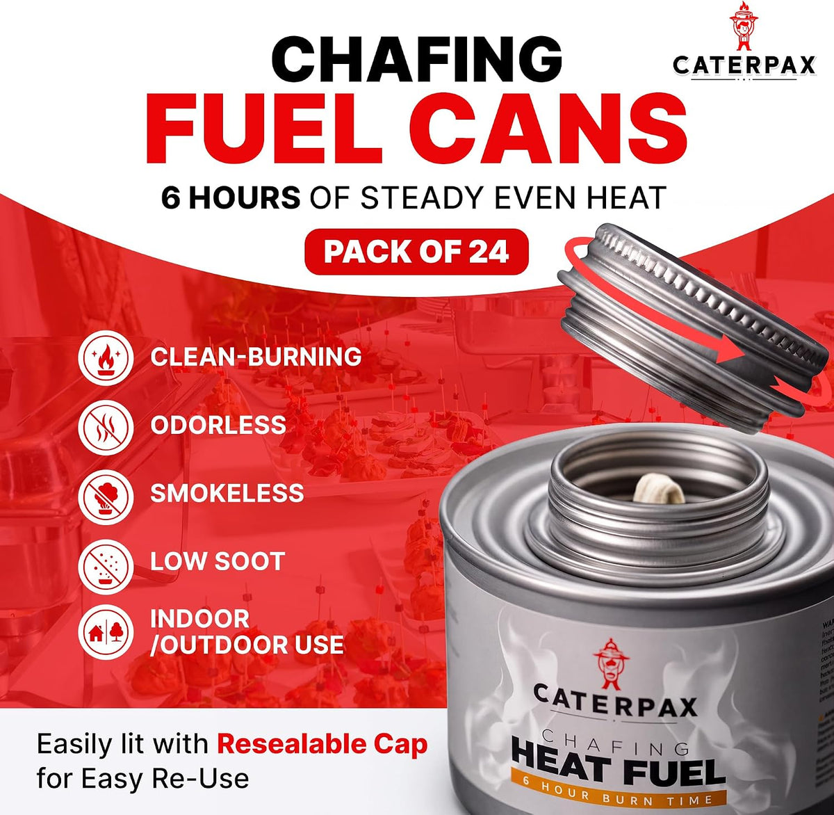 6 Hour Chafing Fuel Cans for Food Warmers and Buffet Trays 24 Pack