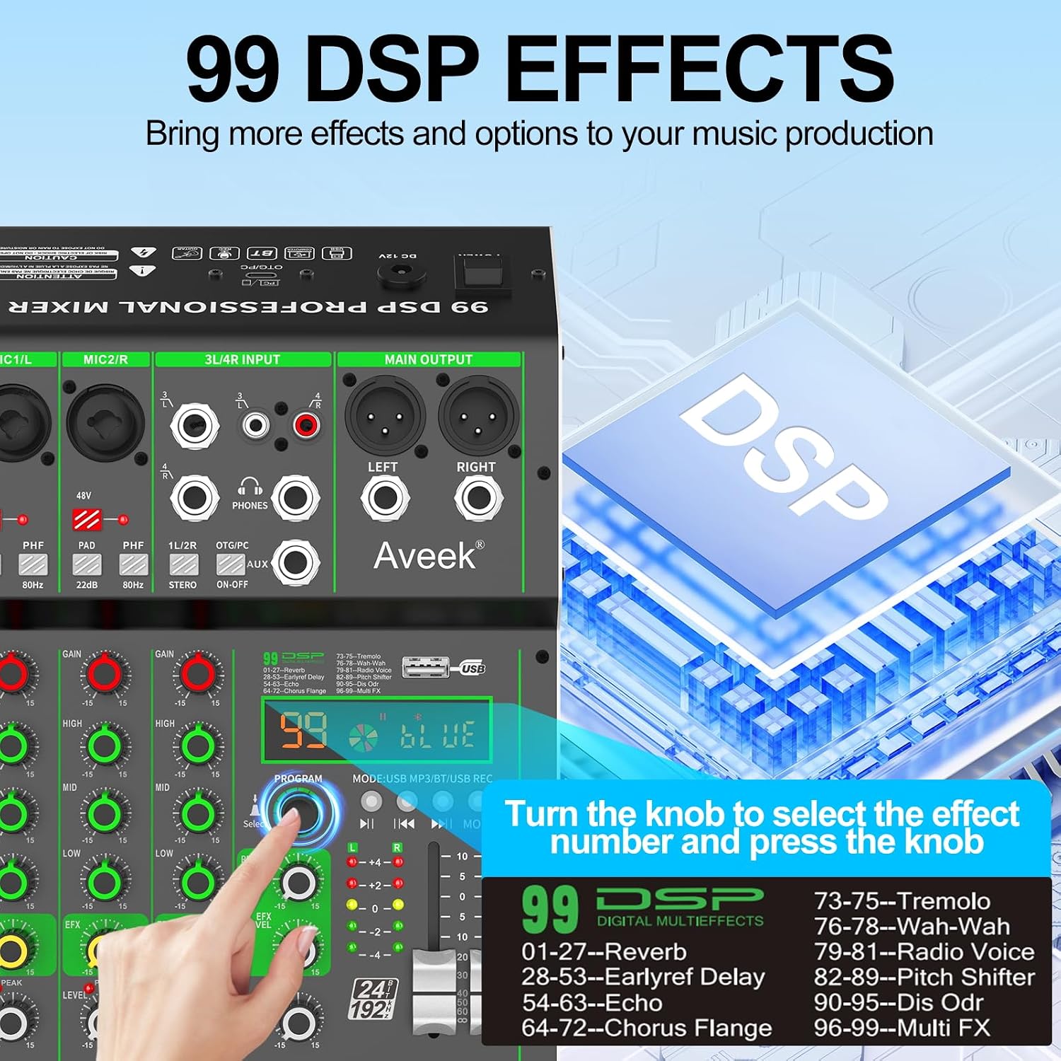 Audio Mixer, 4 Channel Mixer with Bluetooth and USB Recording | DJ Mixing Console with 99 DSP Effects, 48V Phantom
