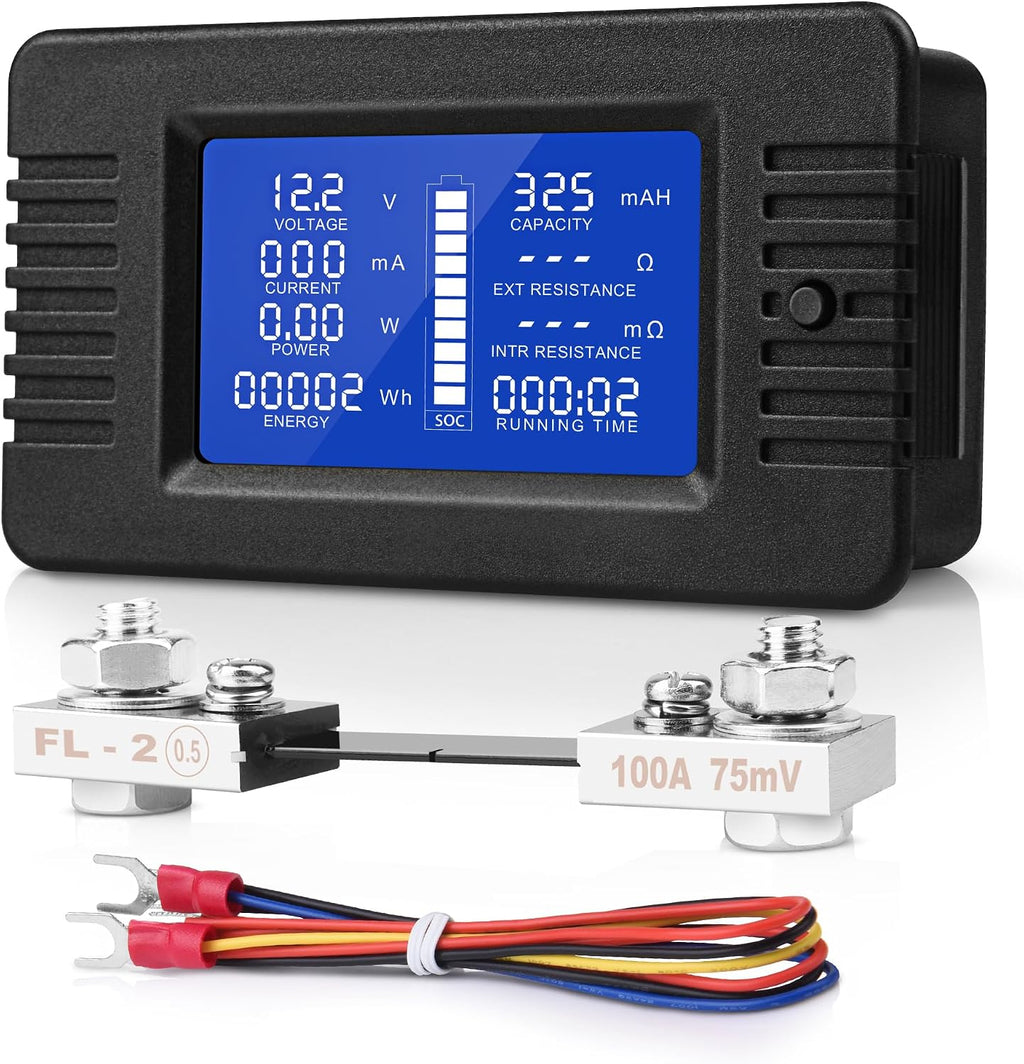 DC Multifunction Battery Monitor Meter, 0-200V 0-100A LCD Display Digital Current Multimeter Voltmeter Ammeter for