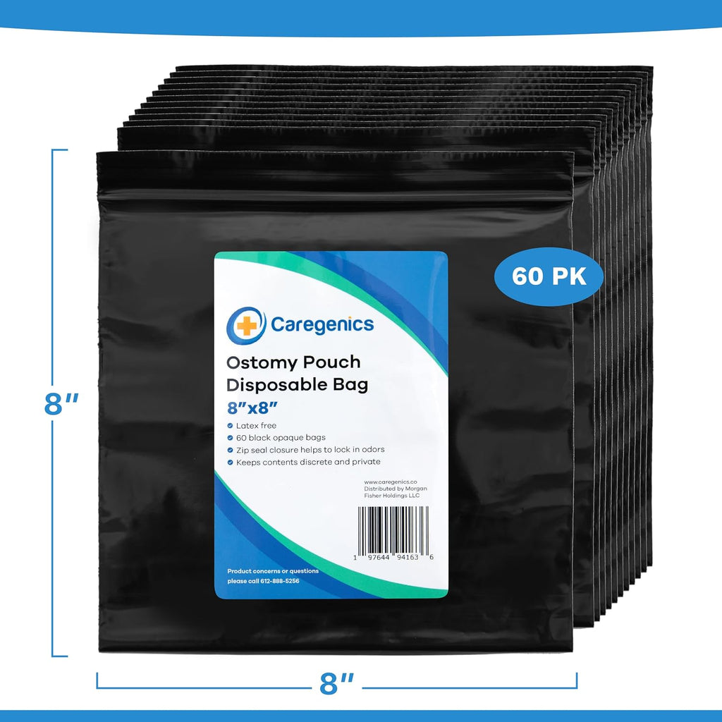 8x8 Ostomy Pouch Disposable Bags/Zip Seal Closure, Prevents and Locks in Odors, Mess-Free / 8"x8" by Caregenics (60