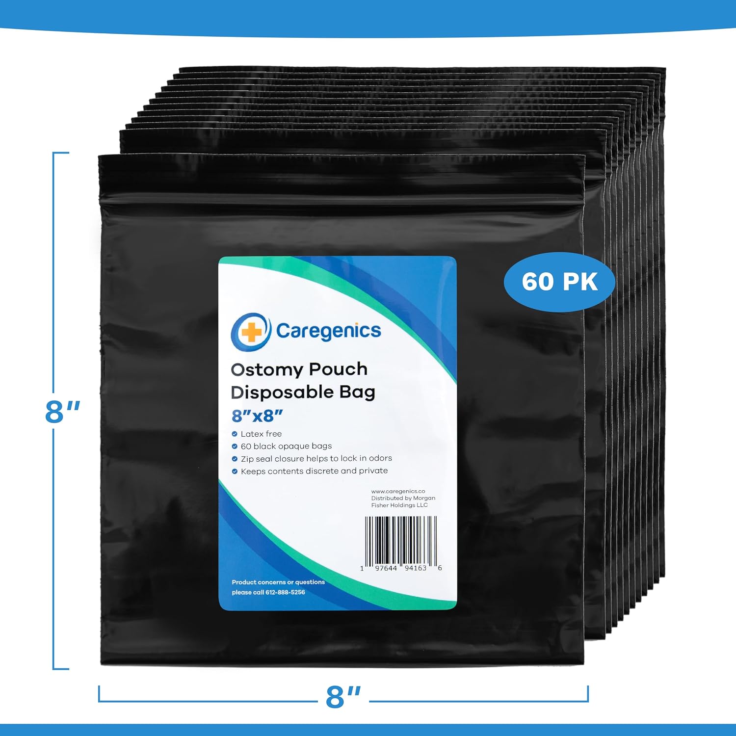 8x8 Ostomy Pouch Disposable Bags/Zip Seal Closure, Prevents and Locks in Odors, Mess-Free / 8"x8" by Caregenics (60