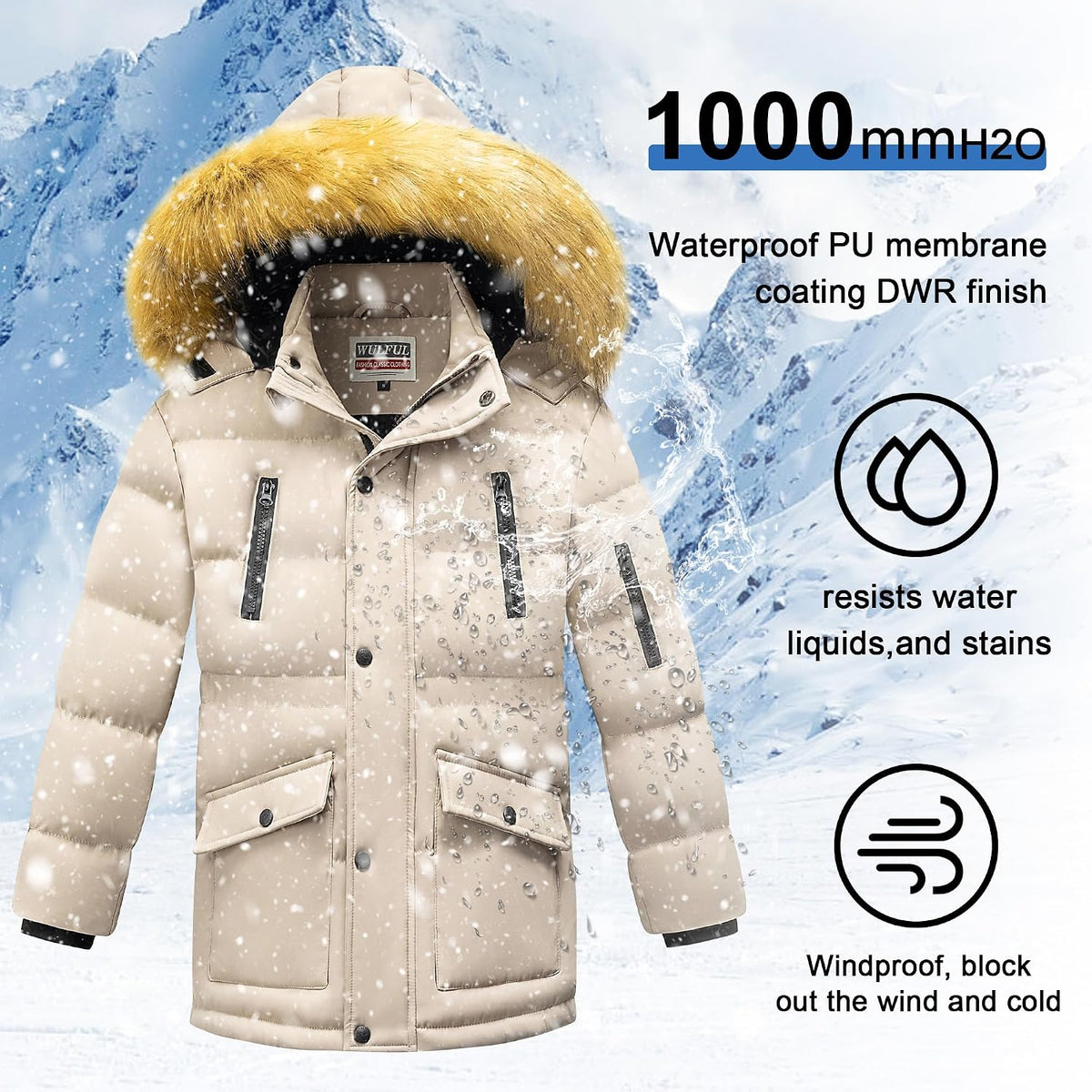 Boy's Winter Coat Waterproof Fleece Lined Parka Jackets Kids Hooded Puffer Outerwear