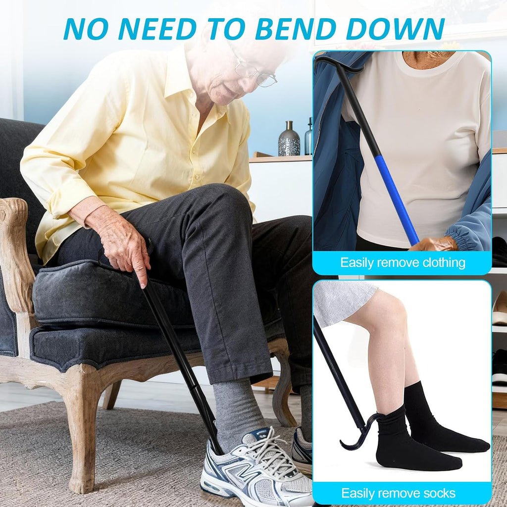 Assistive Device No Bending Kit for Elderly -Sock Aids, Foldable Reacher Grabber with 360° Rotating Jaw & Magnet