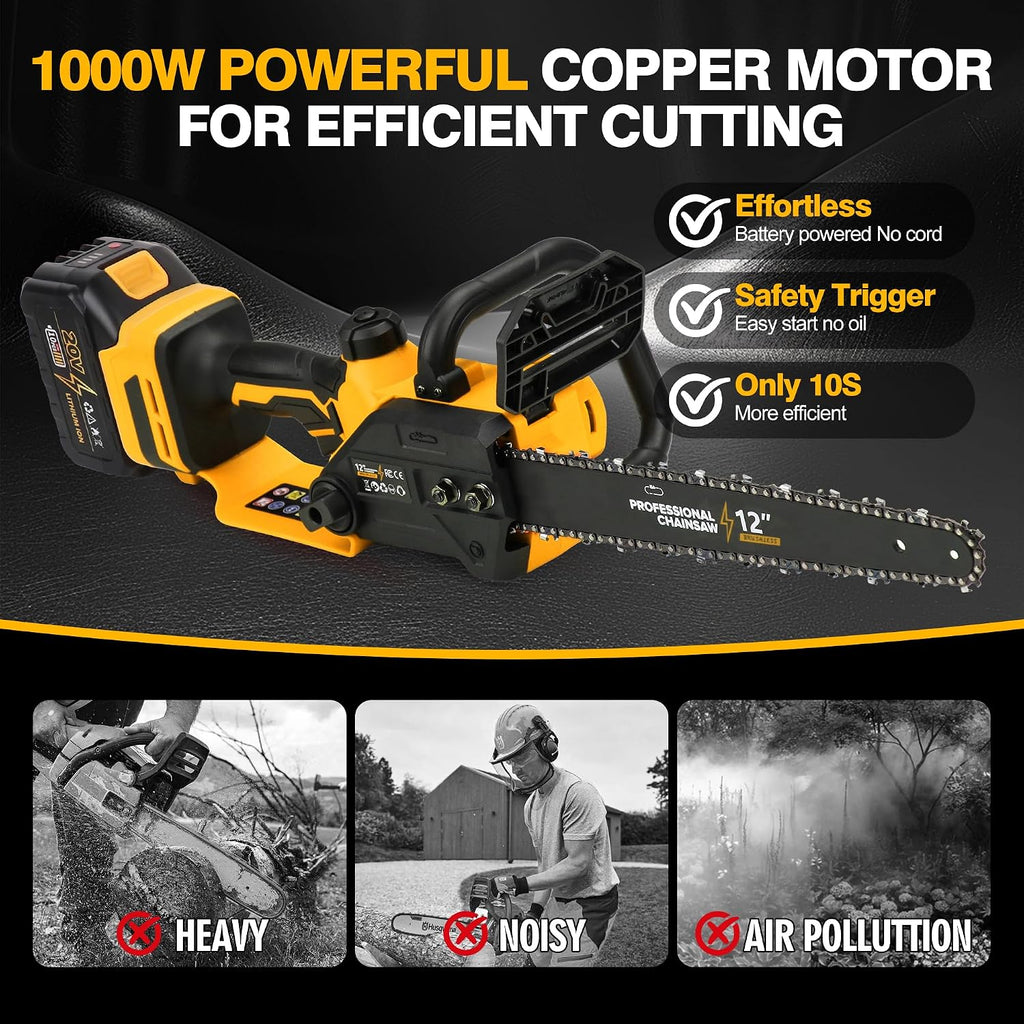 12" Electric Chainsaw Cordless, 20V Battery Powered Cordless Chain Saw, Chainsaw with 2 x 4.0Ah Lithium ion Battery