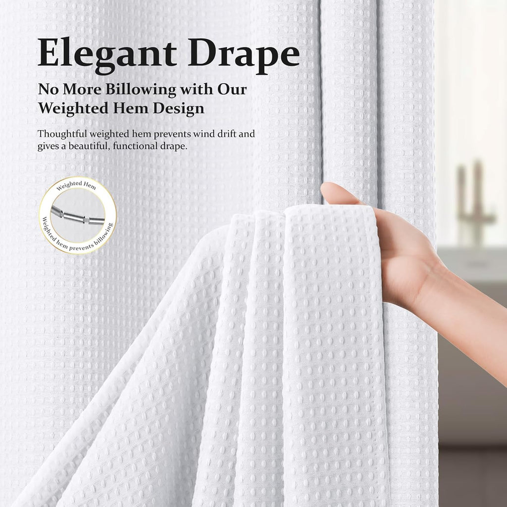 Waffle Shower Curtain 256 GSM Heavy Duty Fabric 72"x72" White | Thick Polyester Cloth, Weighted Hem, Water Repellent