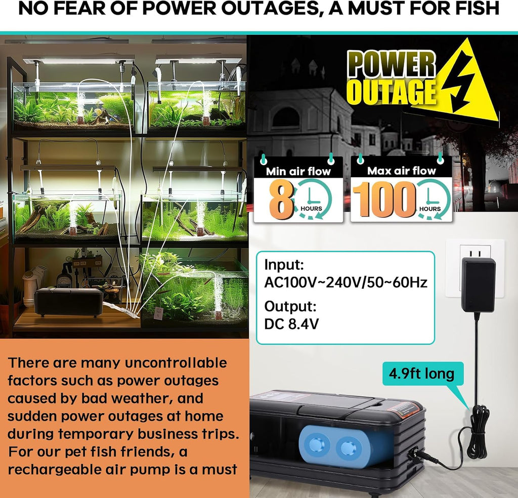IPX6 Rechargeable Aquarium Pond Air Pump, Powerful Quiet Tank Air Pump with Hose Air Stone Check Valve Adjustable