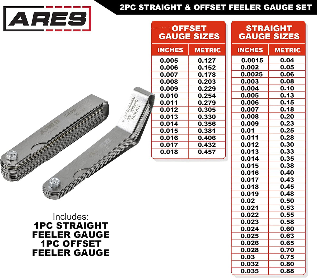 ARES 11043 2-Pc Feeler Gauge Set - Straight & Offset, SAE & Metric