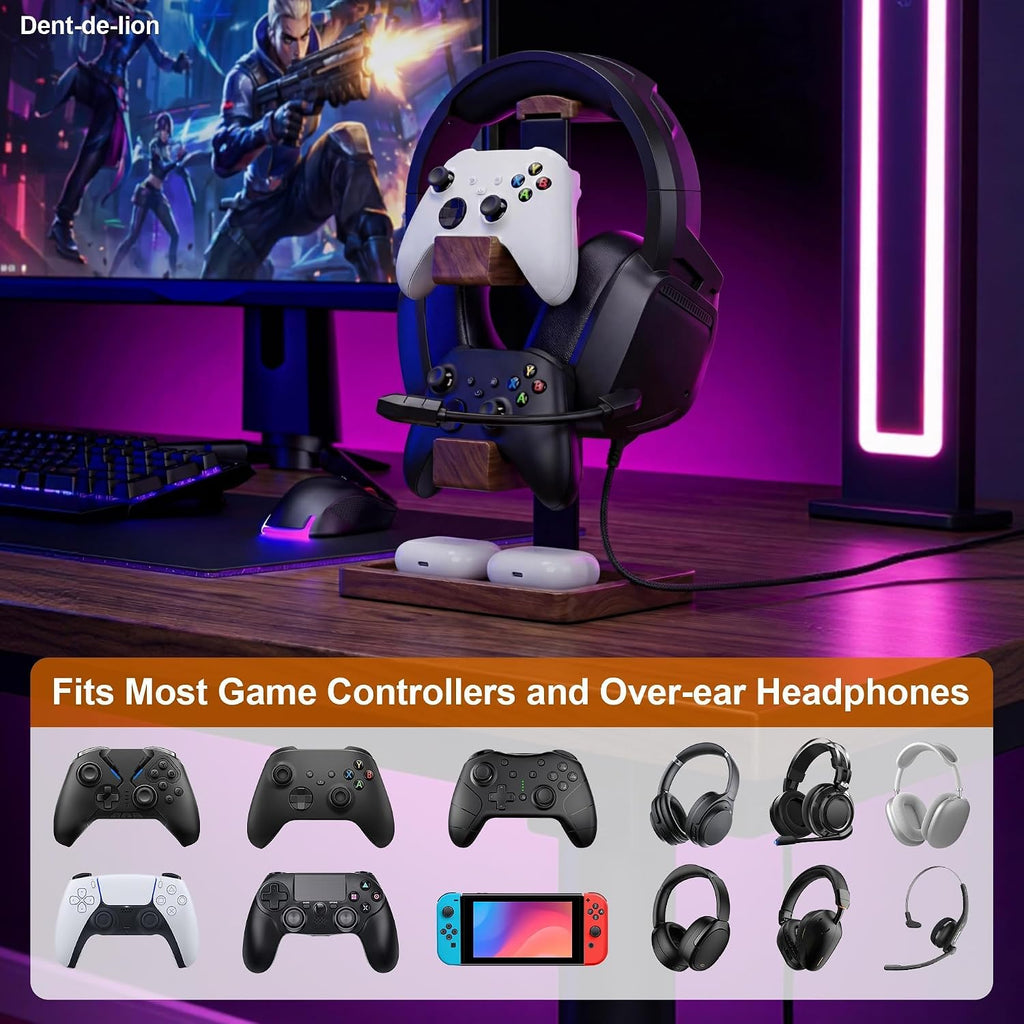 2-in-1 Solid Wood Headset Stand with Dual Game Controller Holder | Gaming Headphone Stand with Storage Base, 6