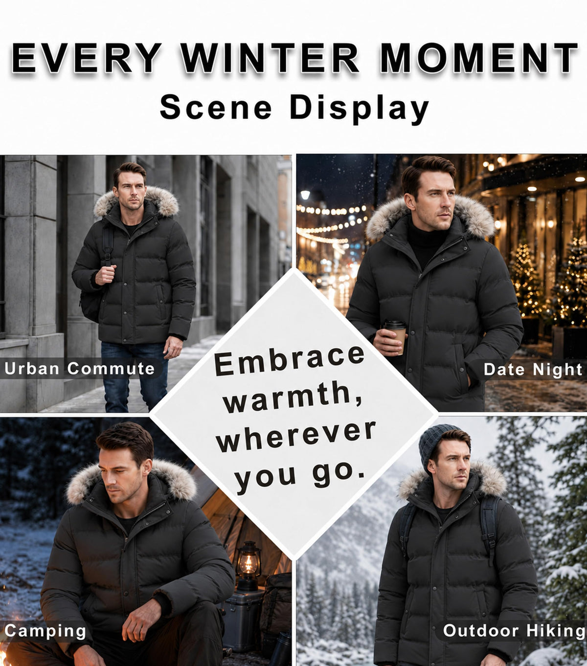 Men's Warm Hooded Thick Quilted Puffer Jacket-Black Large