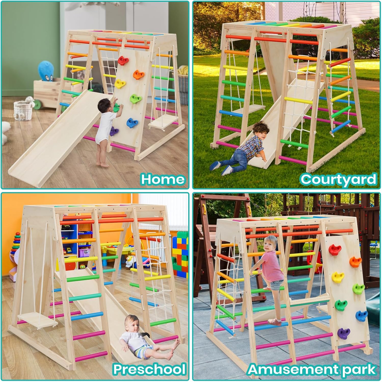 7 in 1 Pikler Indoor Playground Jungle Gym Playset, Wooden Montessori Climber with Slide, Rock Climb Wall, Monkey