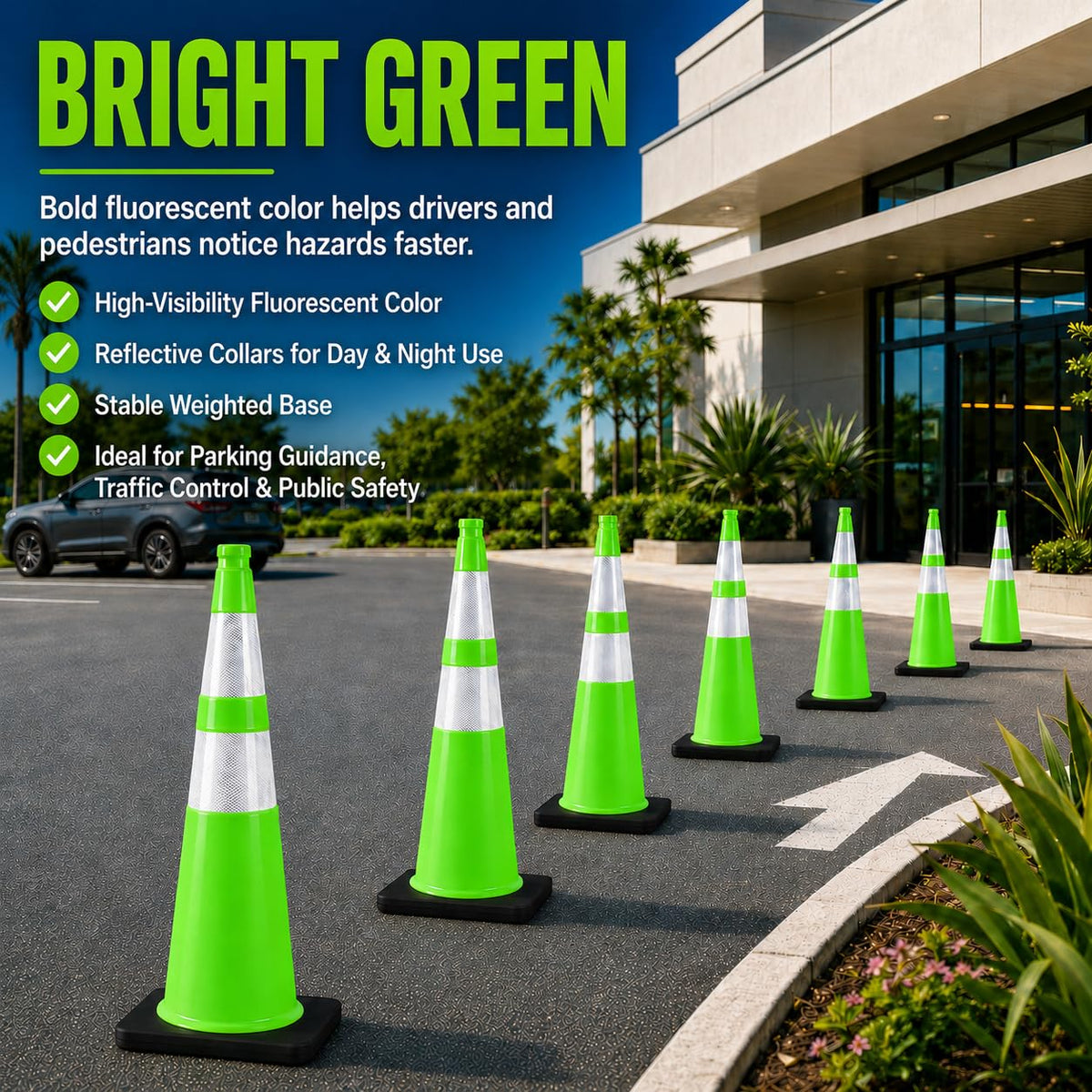 6 Pack 36 Inch Green Traffic Cones with Wide Weighted Base